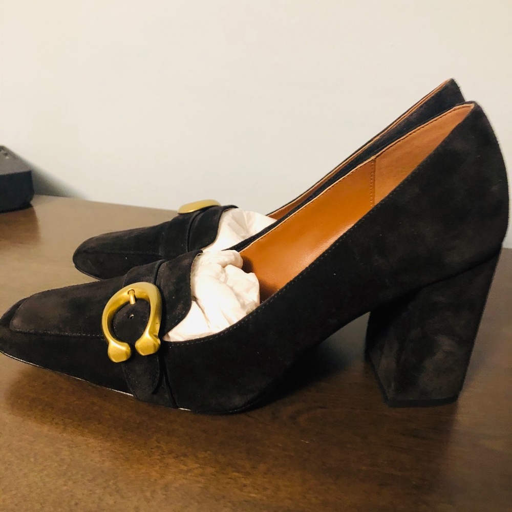 COACH black suede buckle high heels